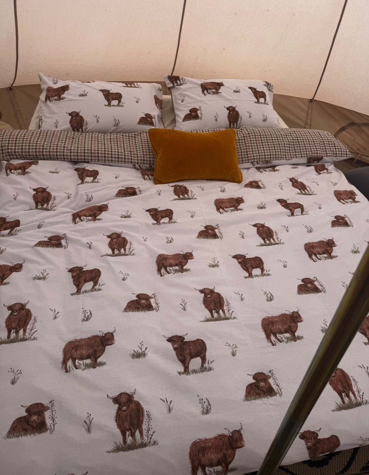 Family glamping teepee double bed with Highland cattle print bedding and a mustard cushion at Ghyll House Campsite