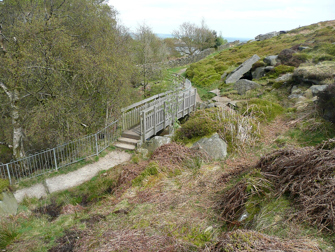 Wooden footbridge in the wooded valley of Heber's Ghyll, Ilkley