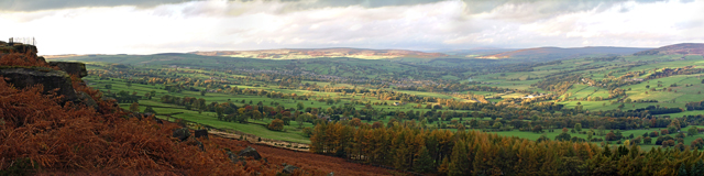 A panorama over Wharfedale, the kind of view that opens up from Beamsley Beacon